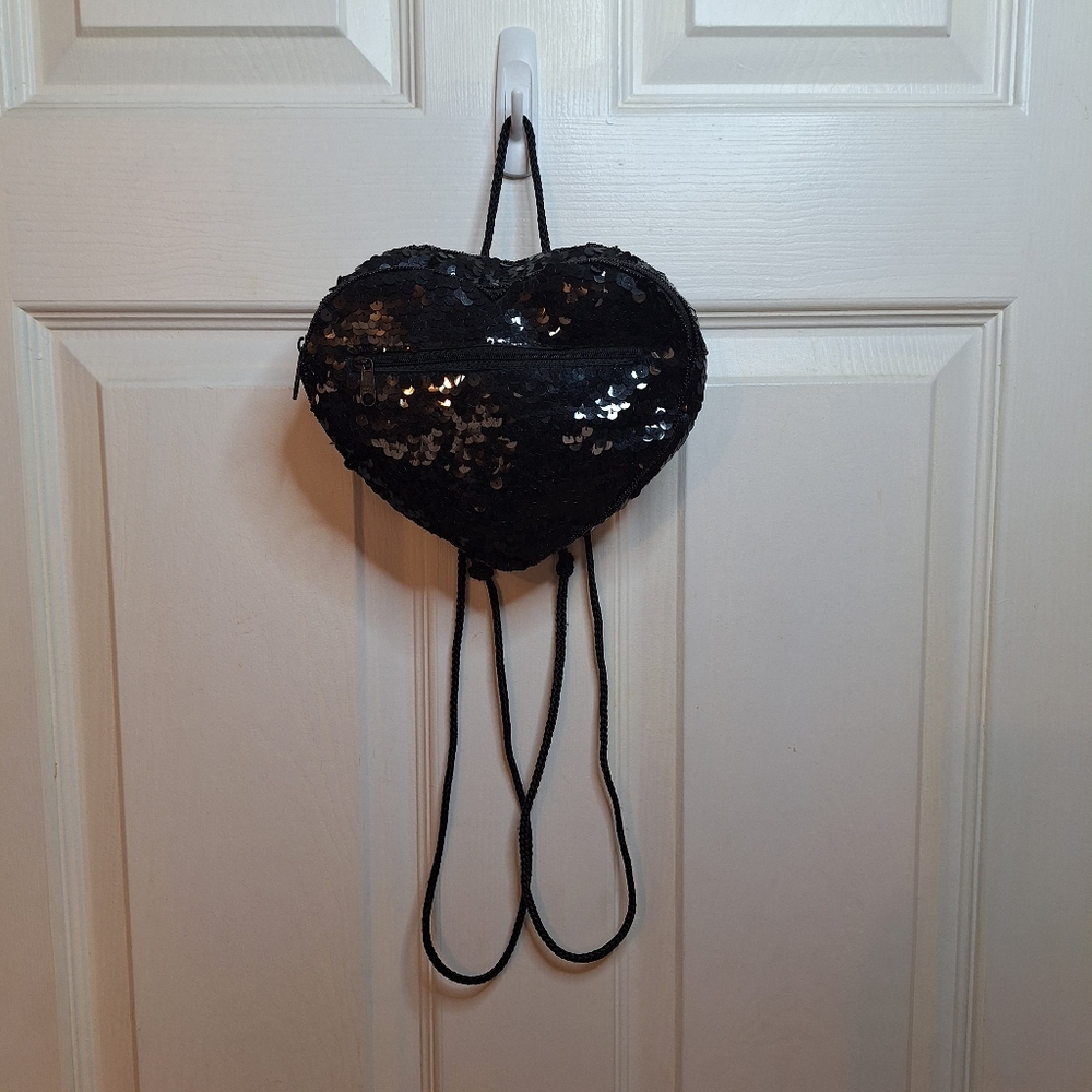 Heart Shaped Y2K Black Sequined Mini Backpack Purse Maximalism Novelty Going Out